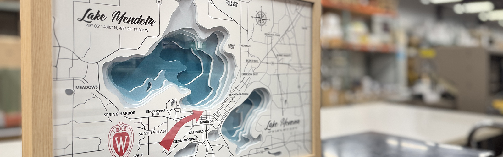 Bathymetric map of Madison lakes shown close-up with perspective.