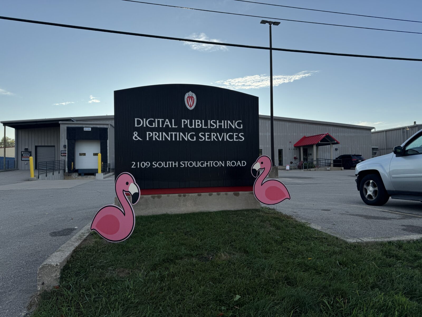 Digital Publishing & Printing Services sign in front of their building, with two Coroplast flamingos in the grass.